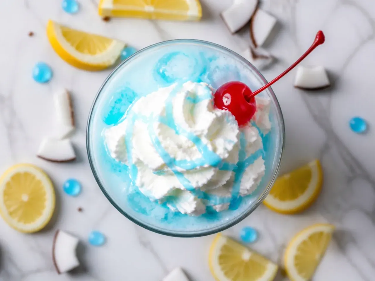 Glass of bright blue copycat ocean water drink with sweet cream floating on top
