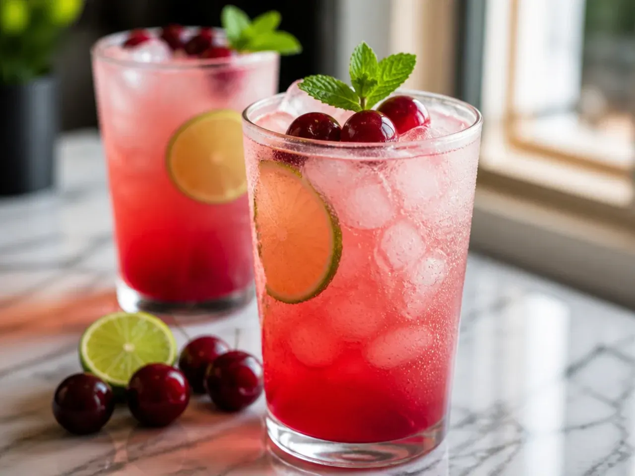 Cherry limeade in a tall glass with lime wedges and maraschino cherries