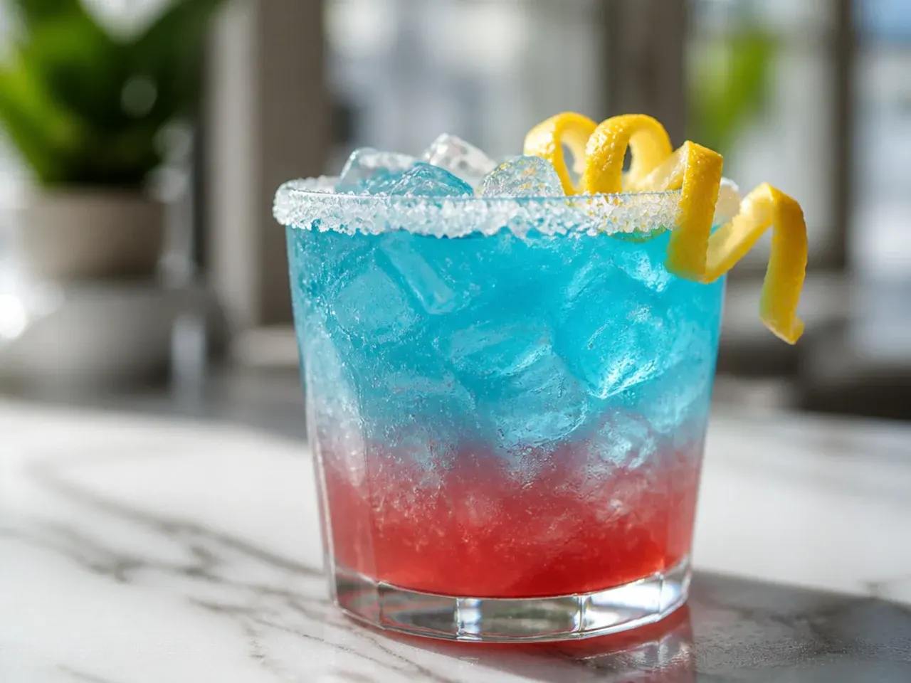 Blue and pink layered Shark Bite drink with sliced strawberries in a glass