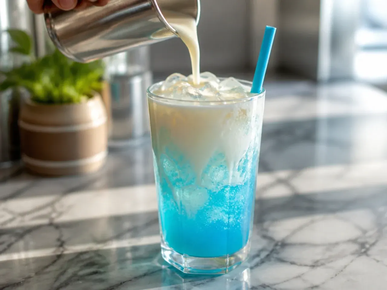 Close-up of vanilla sweet cream being poured onto a blue ocean water drink