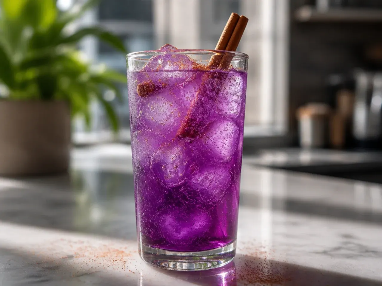 Purple-tinted soda drink in a glass over ice with a straw