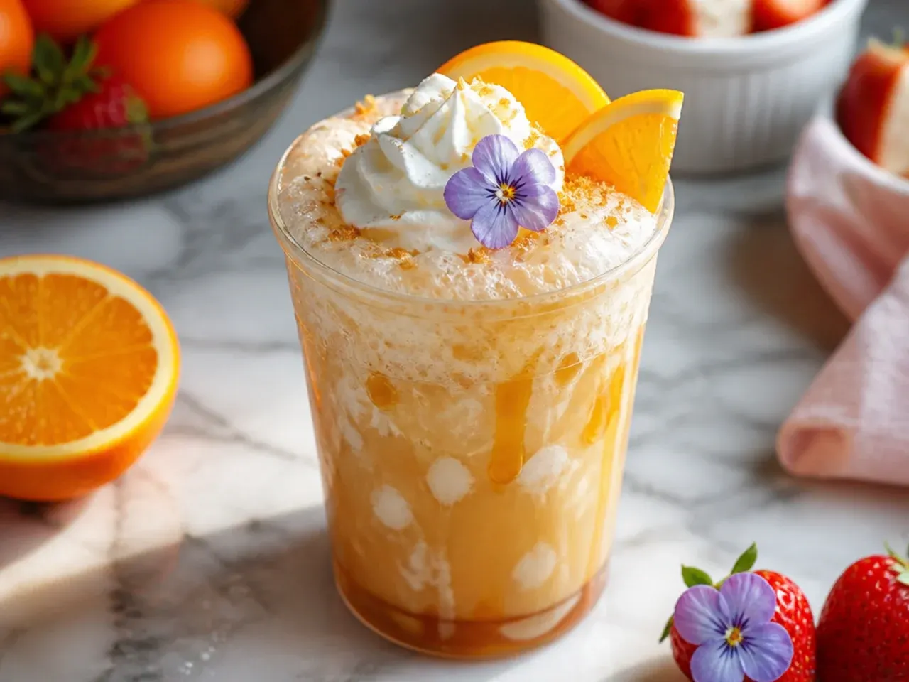 Creamy caramel-coloured cream soda drink in a glass with a light foam top