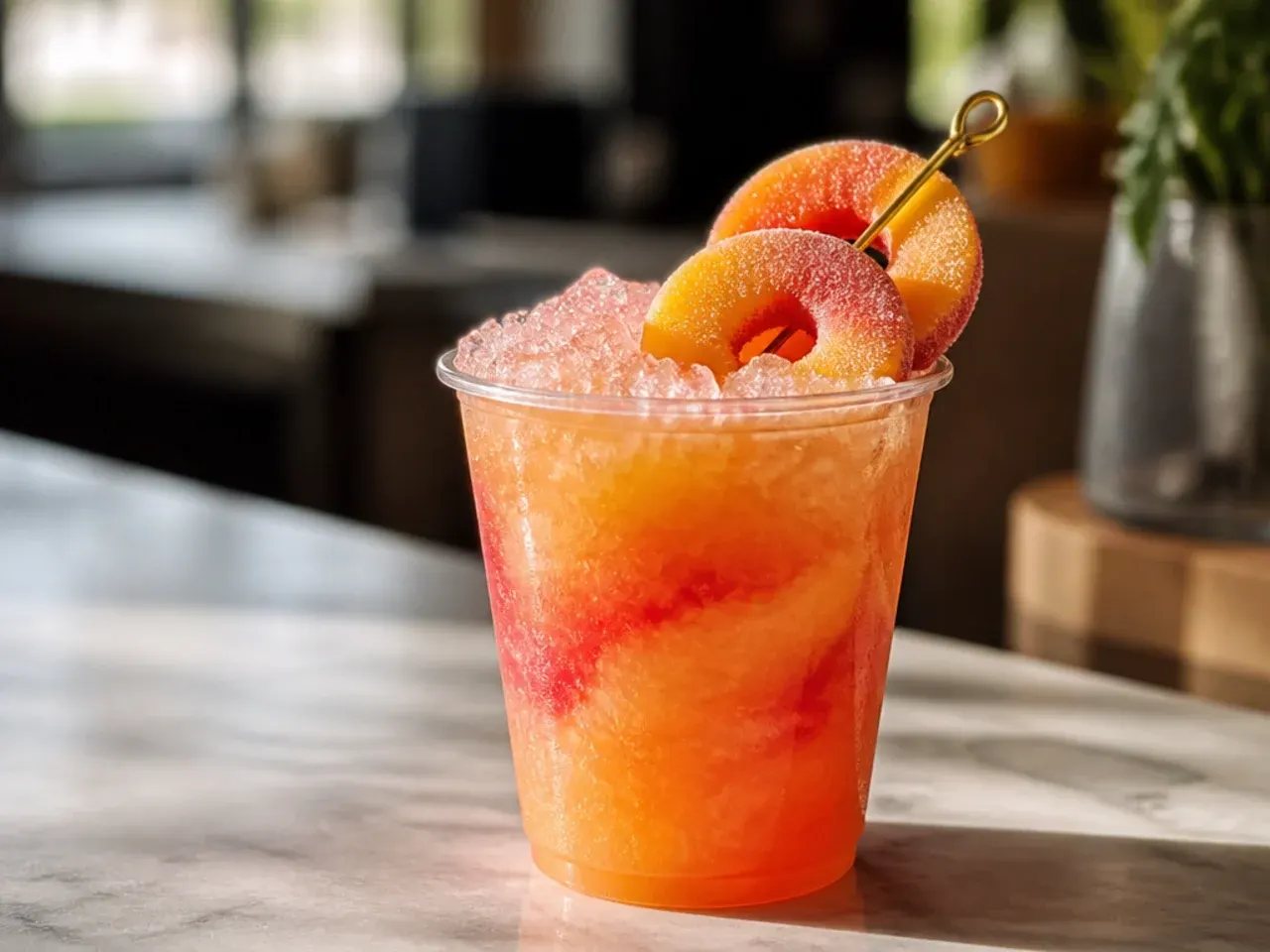 Orange-pink peach slush in a cup topped with crushed candy pieces