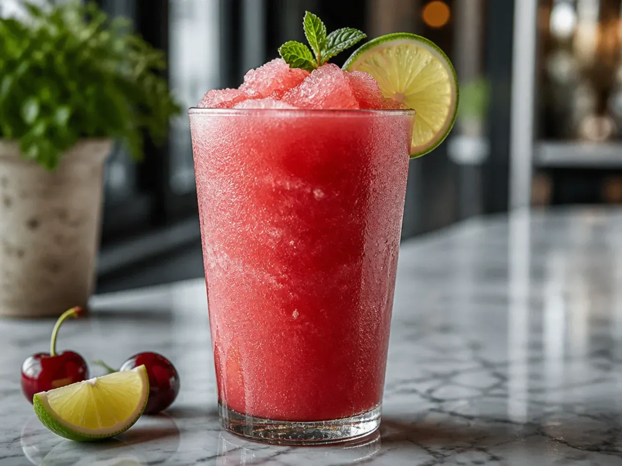 Red cherry limeade slush in a plastic cup with a cherry garnish and straw