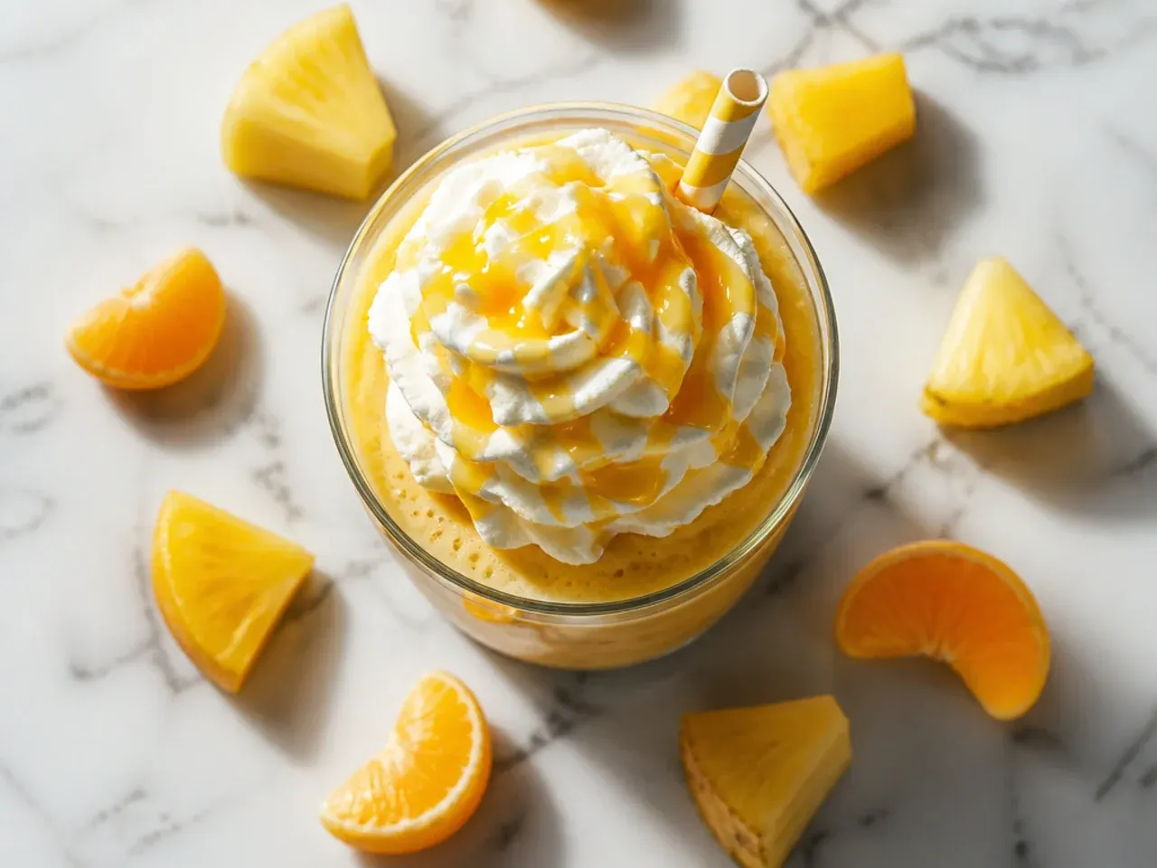 Pale orange smoothie in a glass with banana and strawberry slices on the side