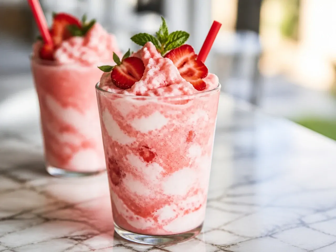 Pink strawberry cream slush in a tall glass with a cream swirl on top