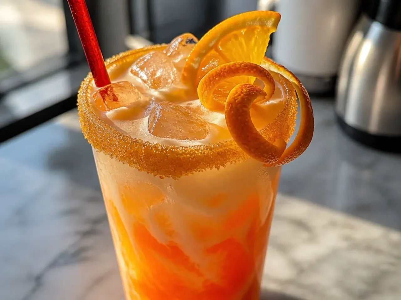 Orange-red Sonic Sunrise drink in a glass with an orange slice garnish