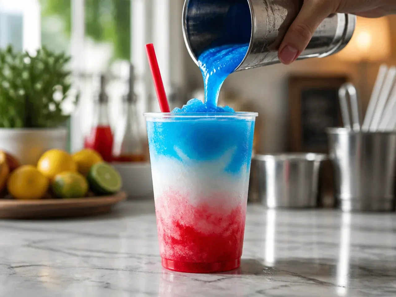 Red, white and blue layered slush drink in a clear glass