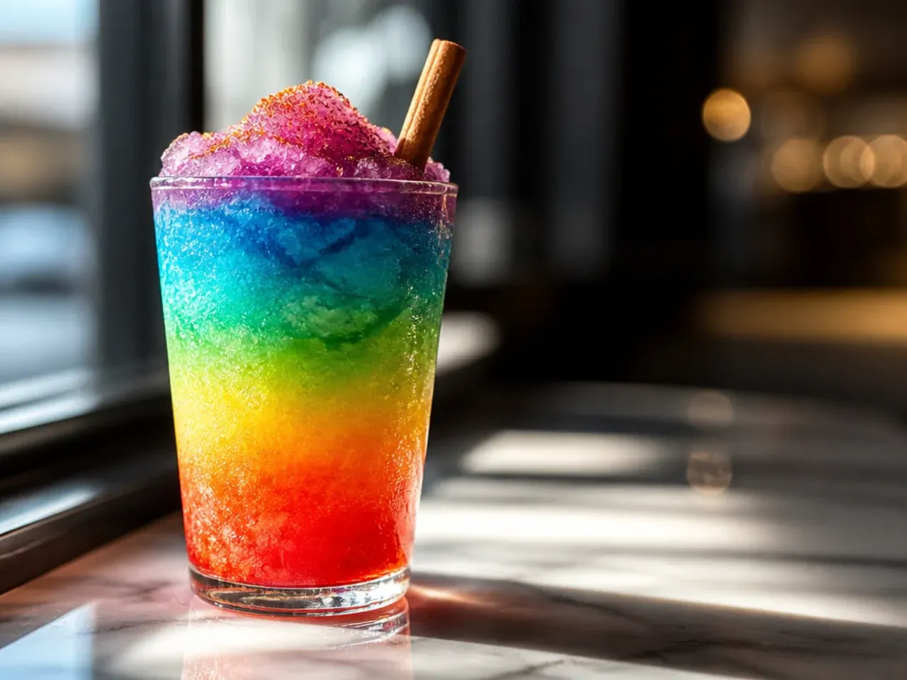 Two-tone blue and red slush drink side by side in one cup
