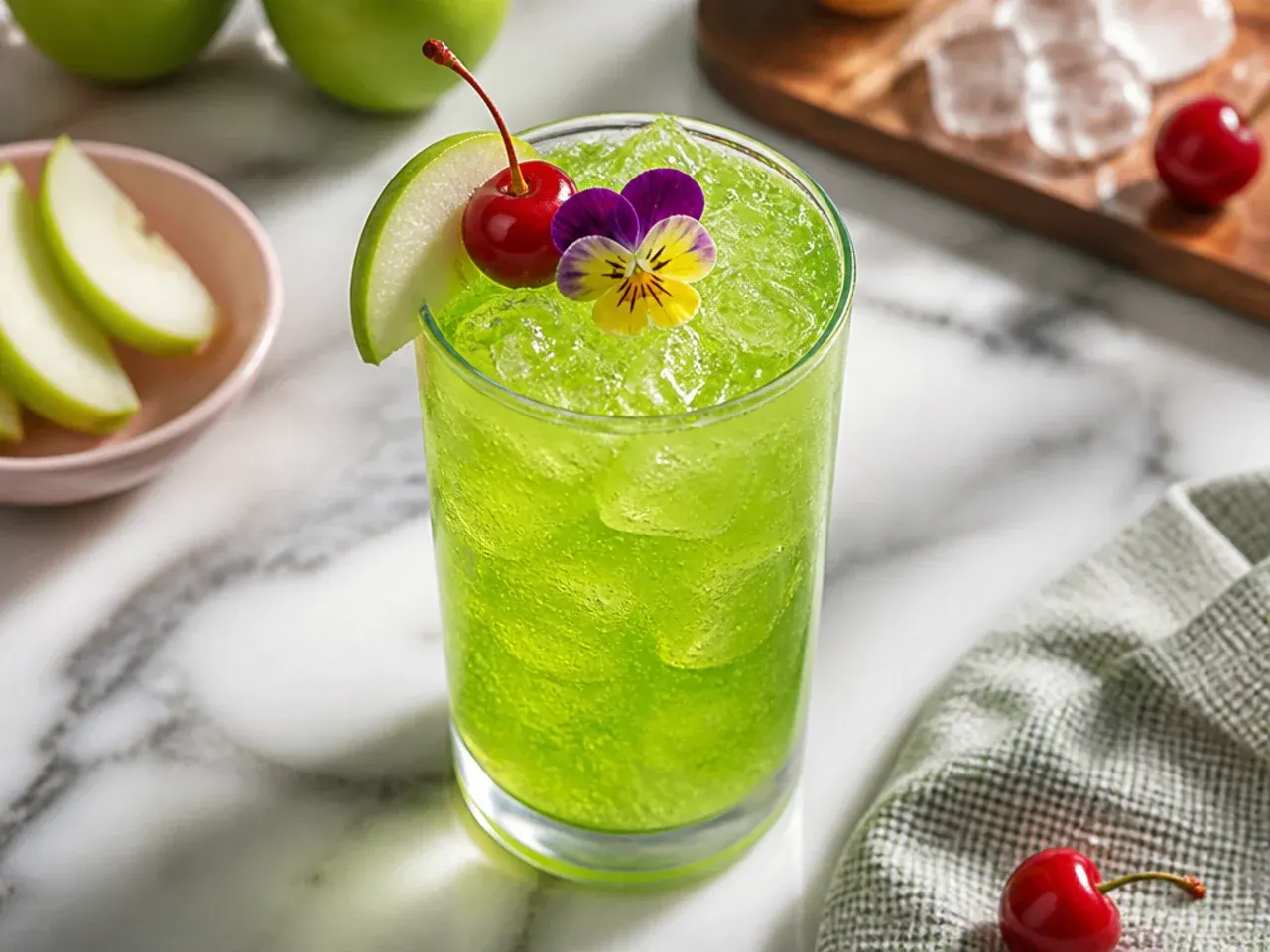 Bright green fizzy drink in a glass with ice