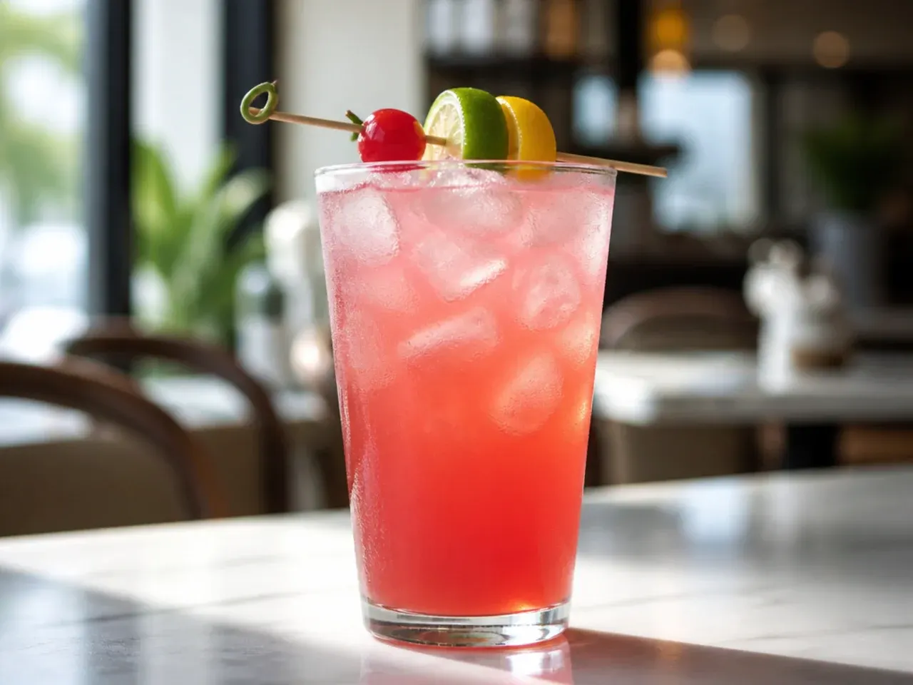 Pink-red fizzy Sweet Tart drink in a glass with a lime wedge on the rim