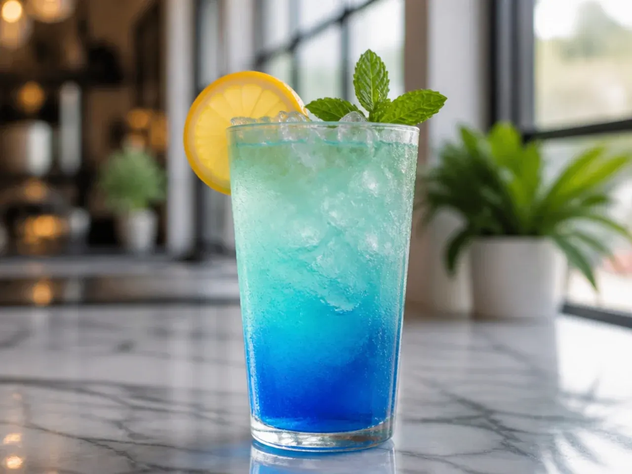 Deep blue Sea Monster drink with cherries floating inside a tall glass