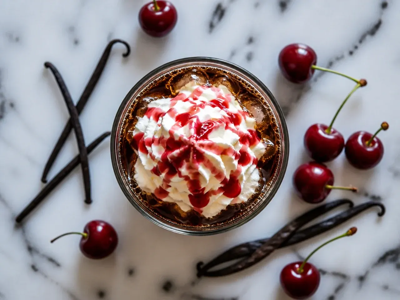 Dark cherry vanilla cola in a glass with ice and a cherry garnish