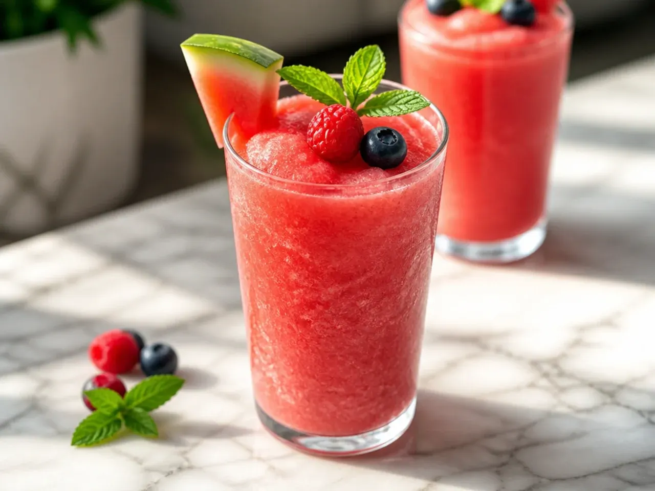 Pink watermelon slush in a cup with a lime wedge garnish