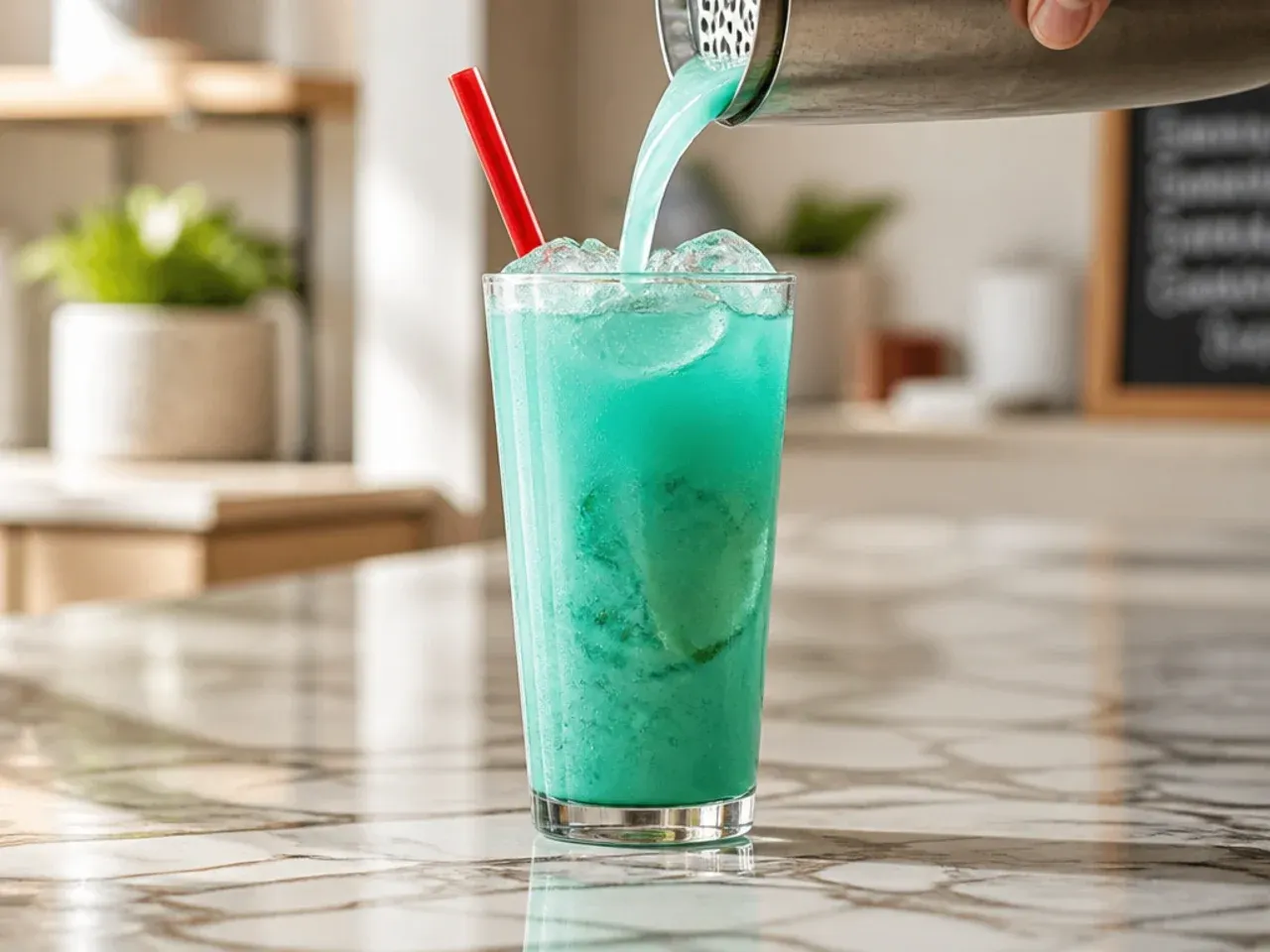 Teal-purple Mermaid Water drink in a glass with lime wedges
