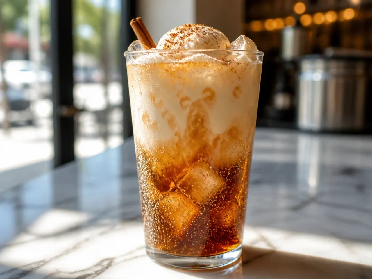 Caramel cream soda in a glass with caramel drizzle on top
