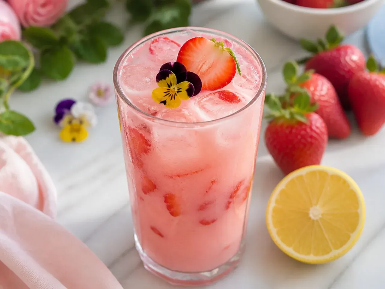 Bright pink layered drink in a glass with strawberry pieces visible