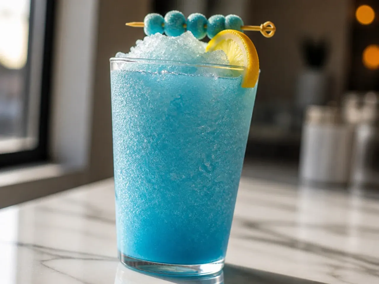 Blue raspberry lemonade slush with visible blue streaks in a cup