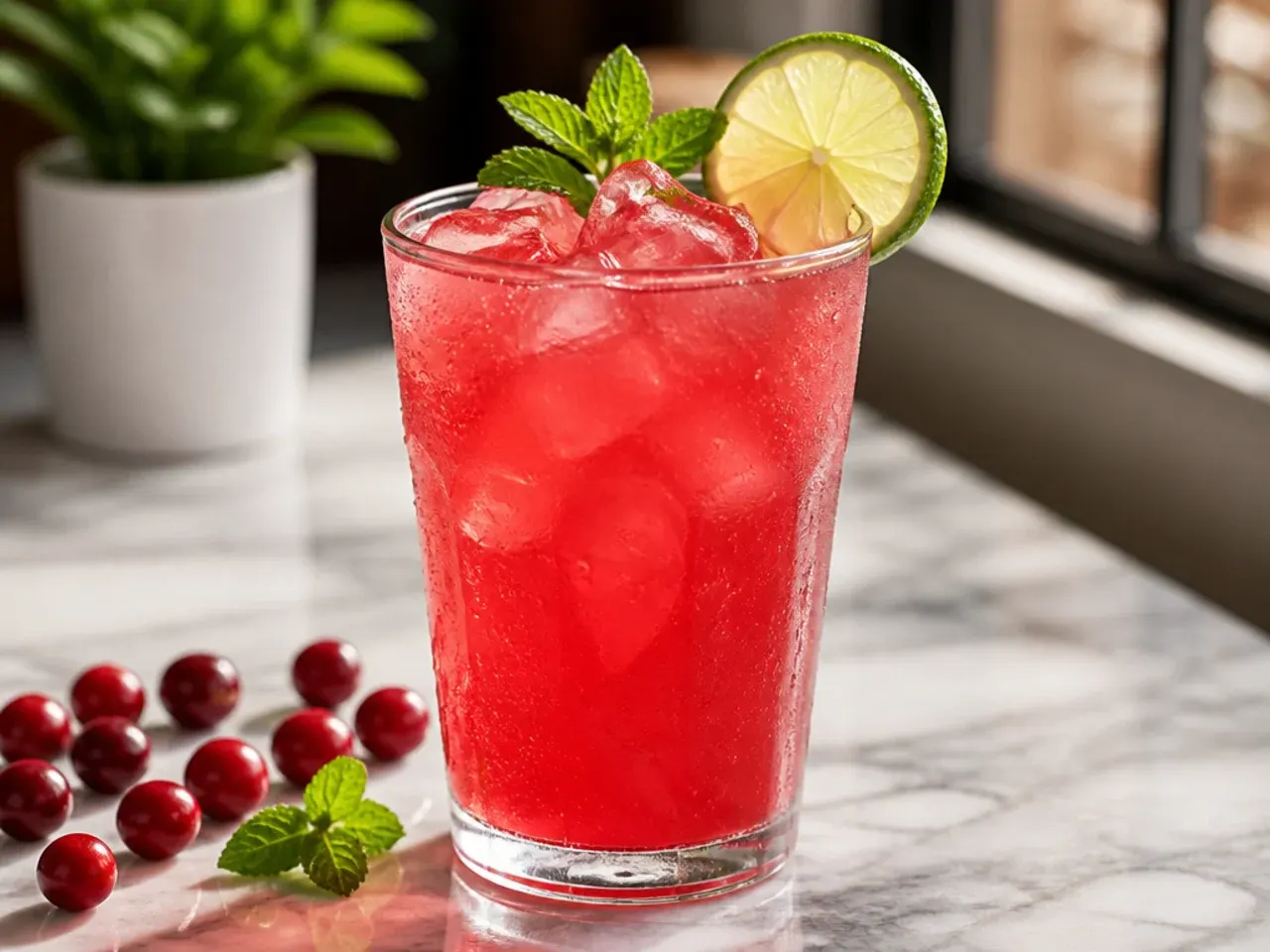 Cranberry limeade drink in a glass pitcher with lime wedges