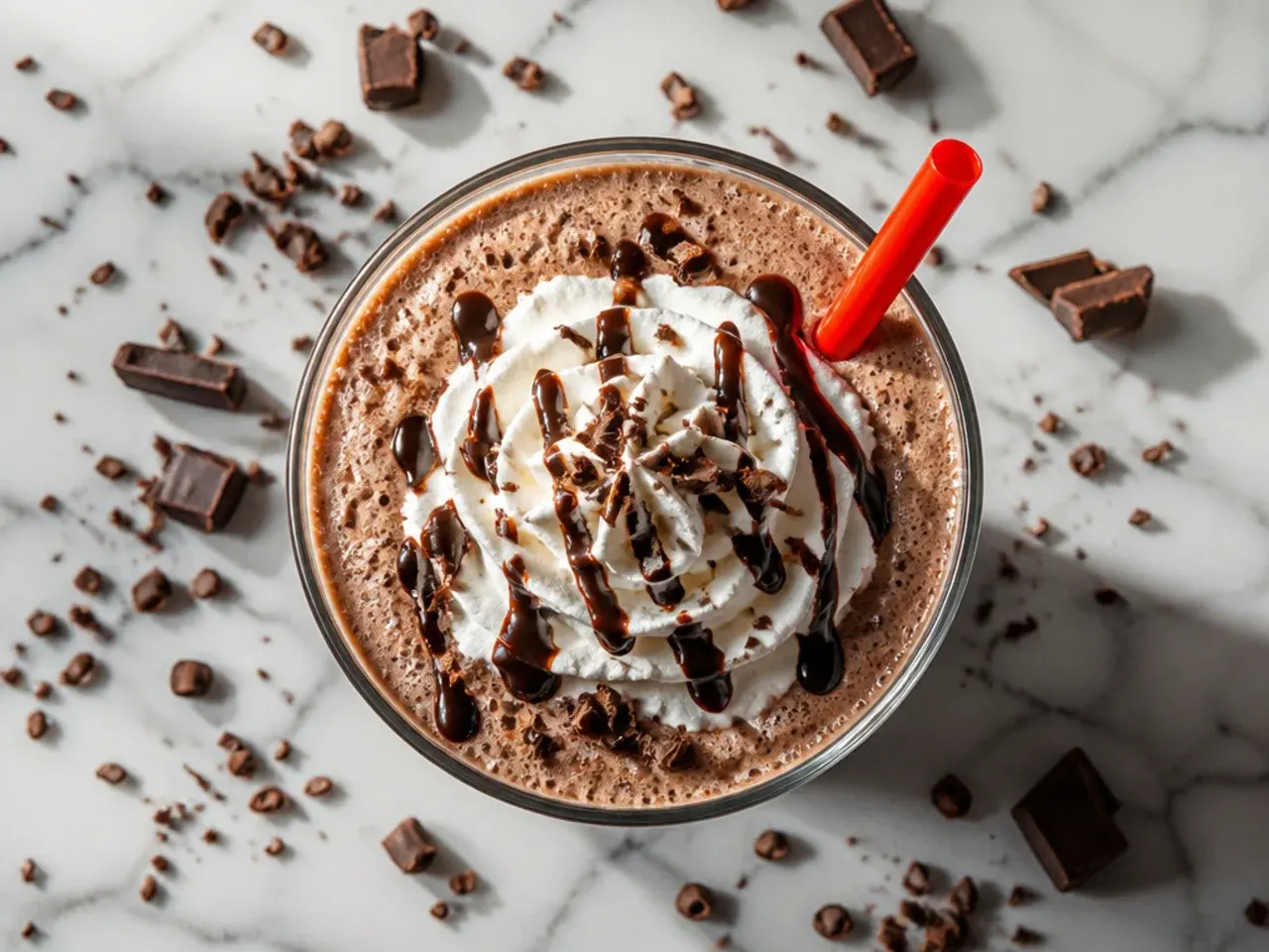 Chocolate slush drink topped with cream and chocolate shavings