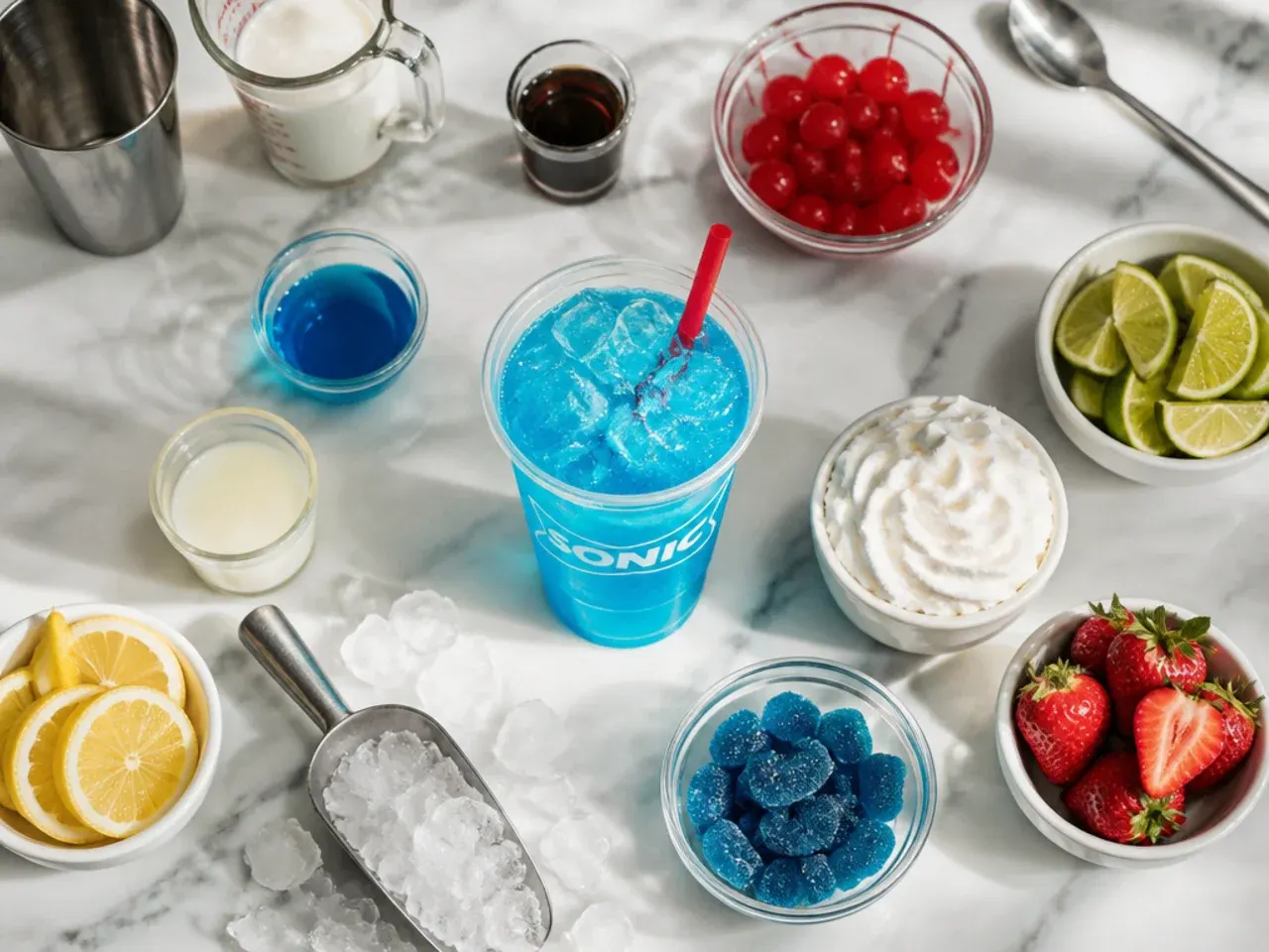 Bottles of flavoured syrups lined up next to a glass of ice on a kitchen counter