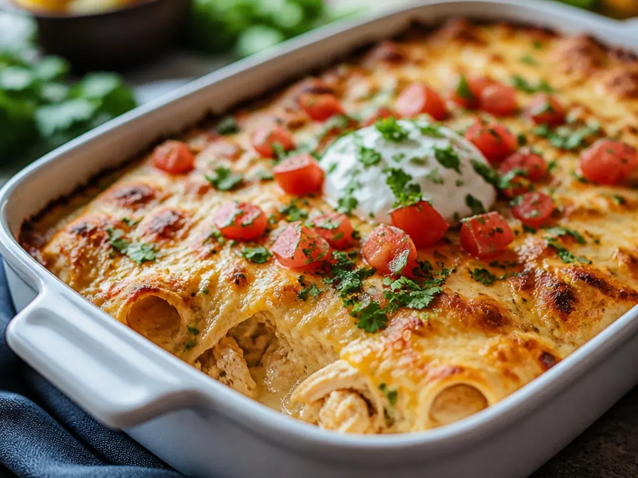 Close-up of a spoonful of sour cream chicken enchilada casserole being lifted from the dish showing melted cheese and creamy sauce