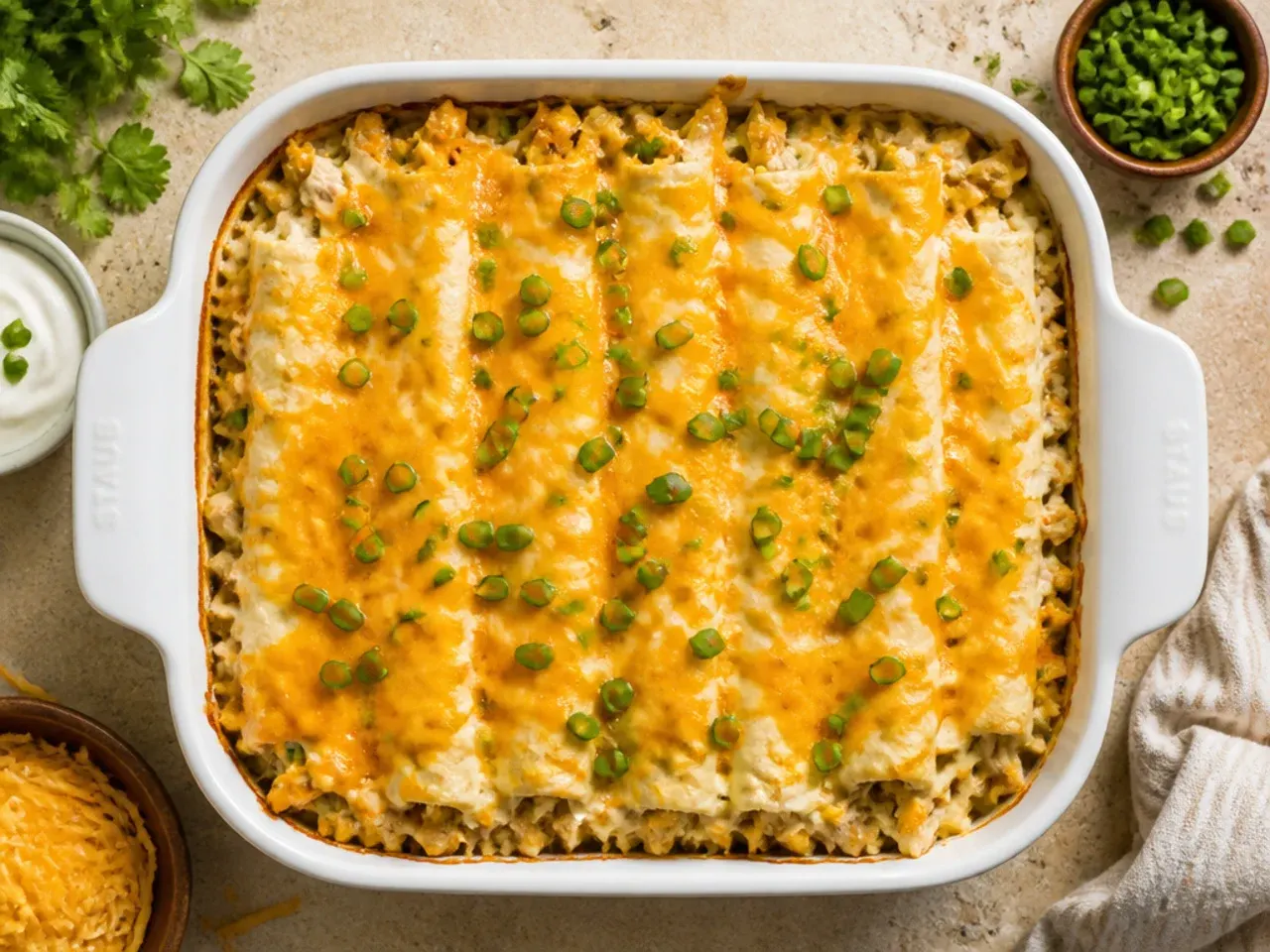 Layered classic sour cream chicken enchilada casserole in a baking dish fresh from the oven