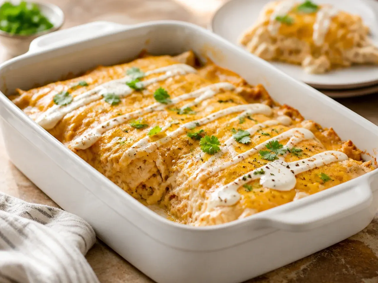 Quick assembly of easy sour cream chicken enchilada casserole with rotisserie chicken and pre-shredded cheese