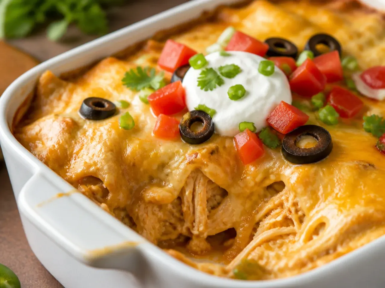 Cozy sour cream chicken enchilada casserole with torn flour tortillas and roasted poblano peppers