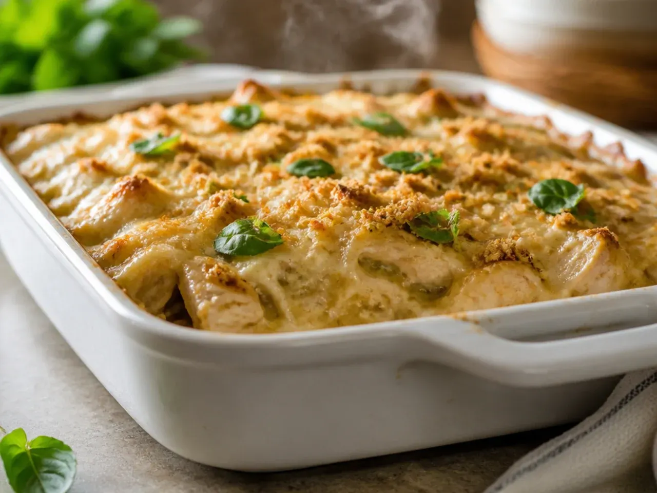 Extra creamy sour cream chicken enchilada casserole with cream cheese blended into the sauce
