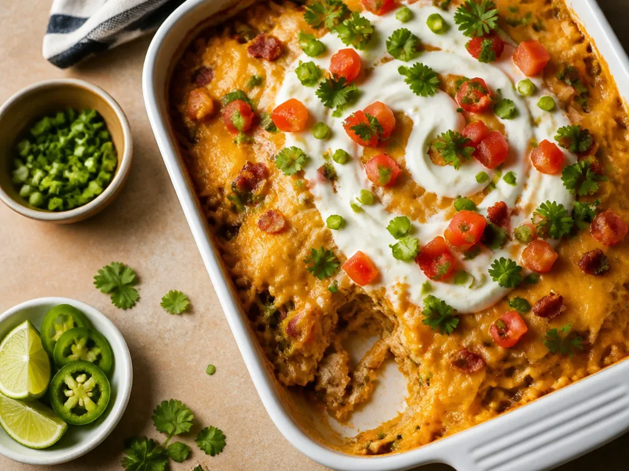 Loaded sour cream chicken enchilada casserole with black beans, sweetcorn and red pepper