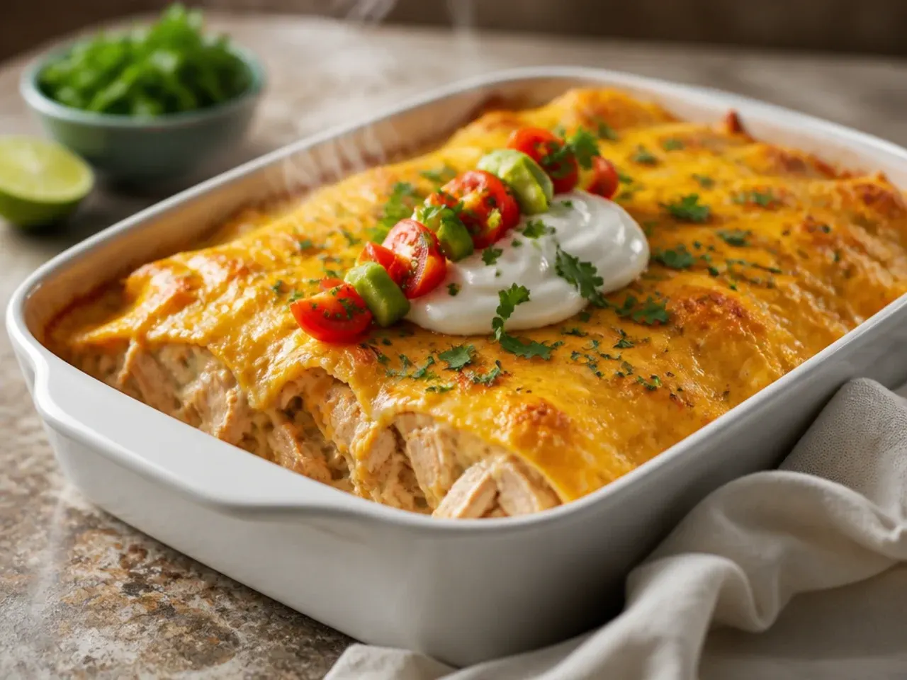 Best-ever sour cream chicken enchilada casserole with homemade roasted poblano sauce
