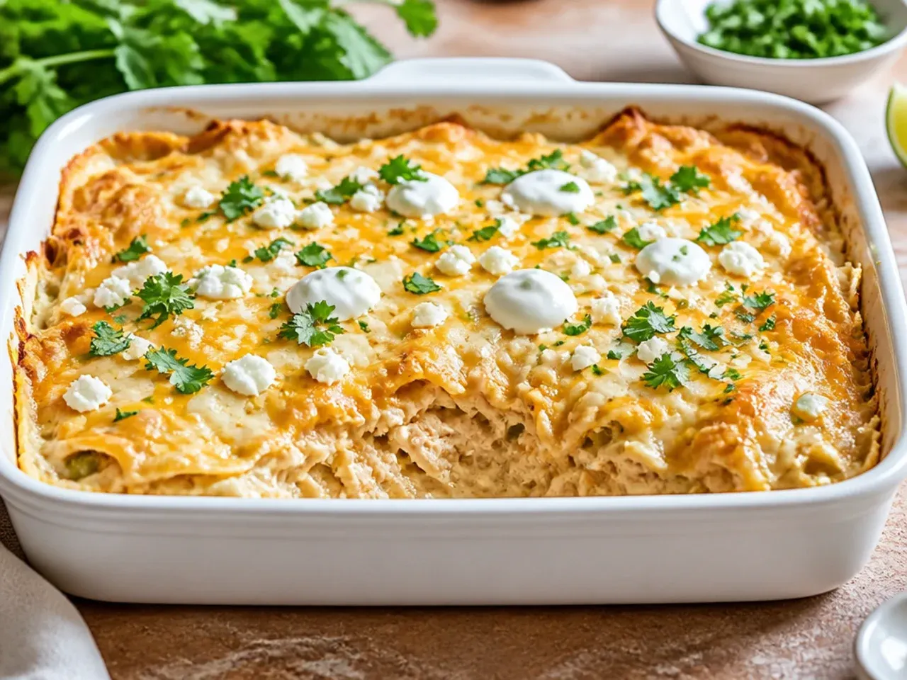 Extra cheesy sour cream chicken enchilada casserole with a golden bubbling cheese topping