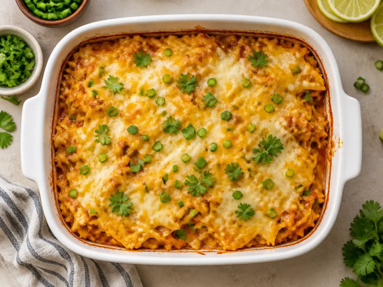 Budget-friendly sour cream chicken enchilada casserole with rice and cheddar cheese