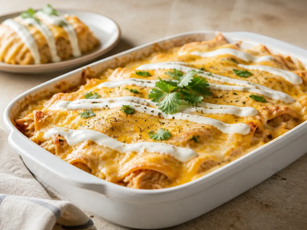 Large crowd-pleasing sour cream chicken enchilada casserole in a big baking dish with toppings on the side