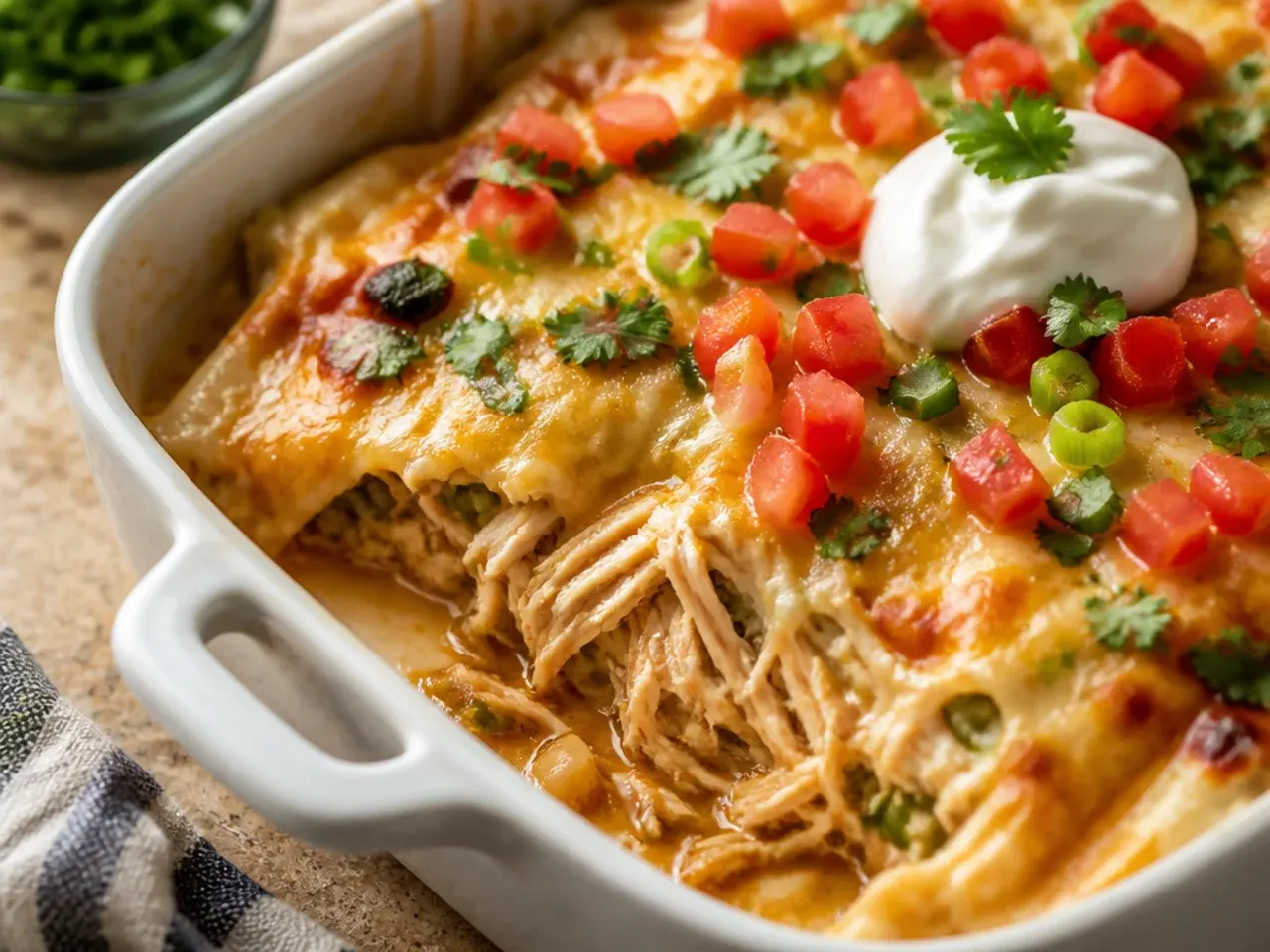 Make-ahead sour cream chicken enchilada casserole assembled and covered ready for the fridge