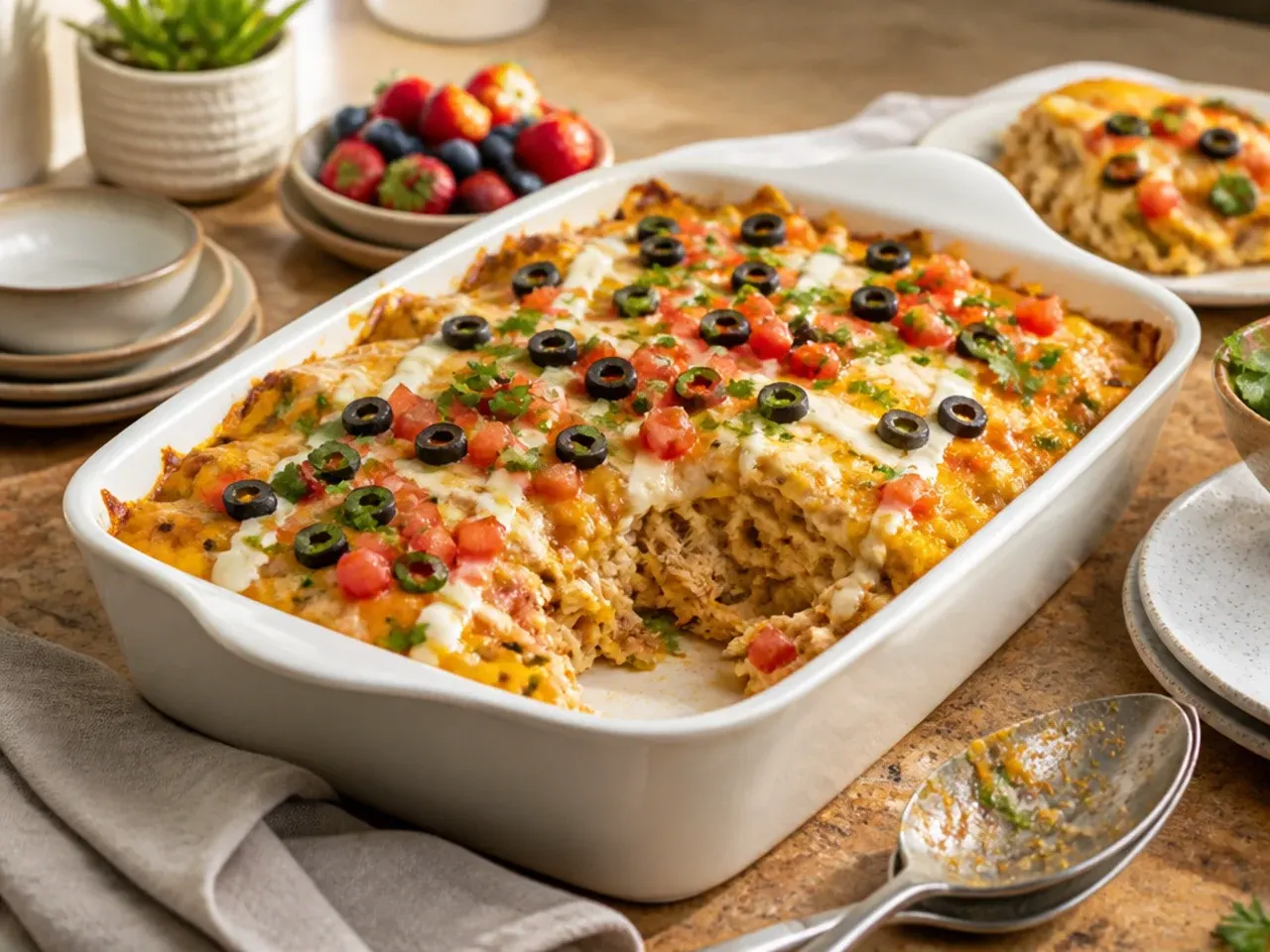 Family-friendly sour cream chicken enchilada casserole with mild green chillies and cheddar