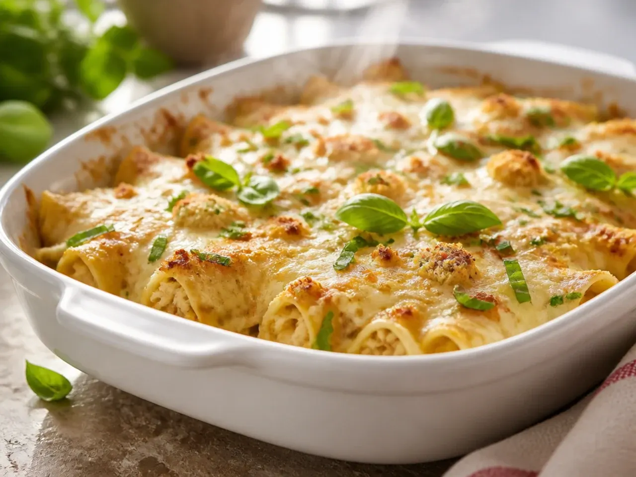 Festive sour cream chicken enchilada casserole topped with red and green peppers and coriander