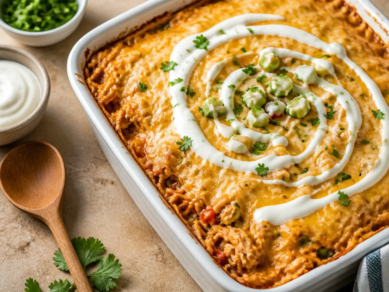Quick sour cream chicken enchilada casserole assembled in one dish ready for a fast bake