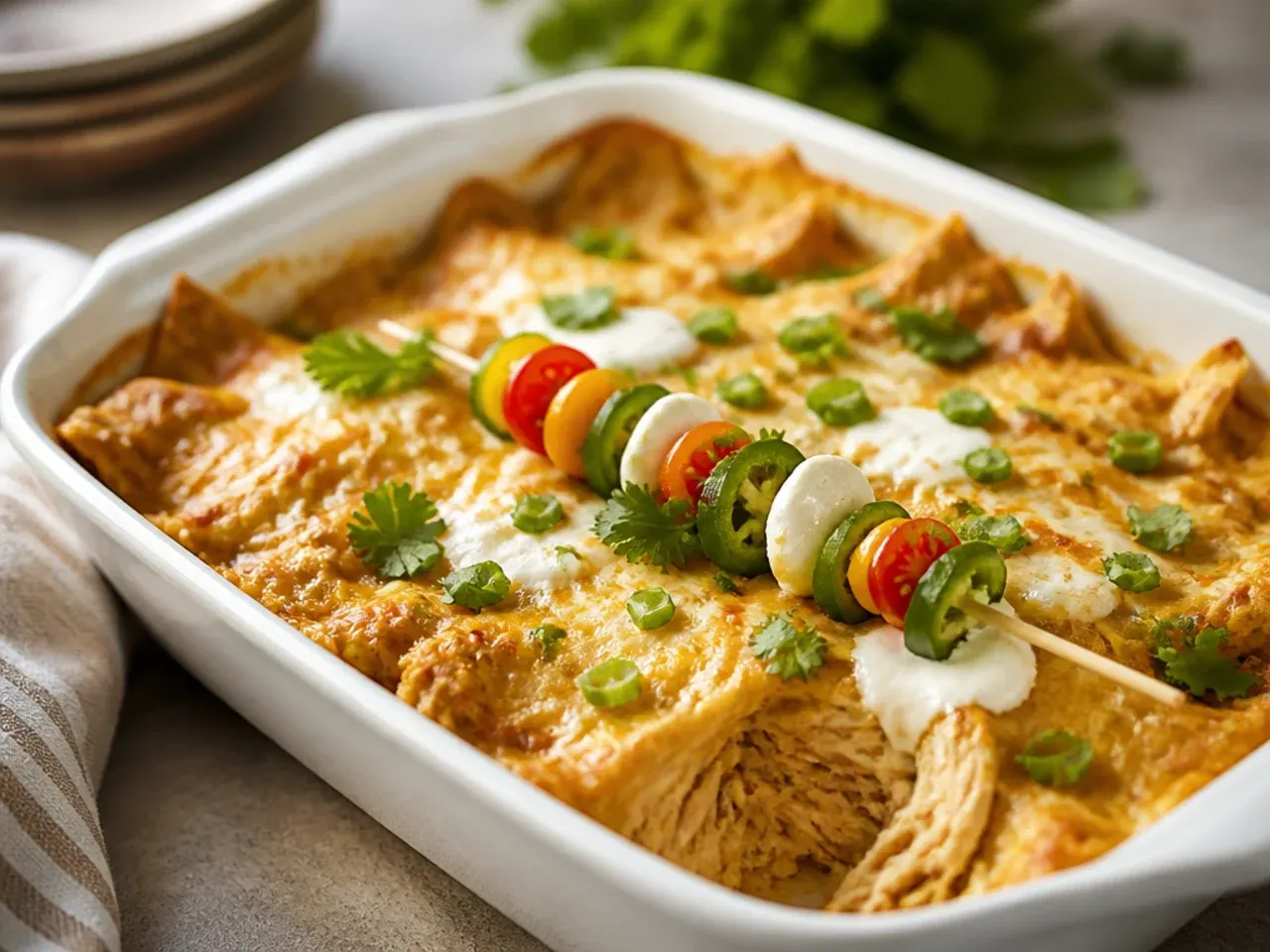 Homemade sour cream chicken enchilada casserole made entirely from scratch with poached chicken