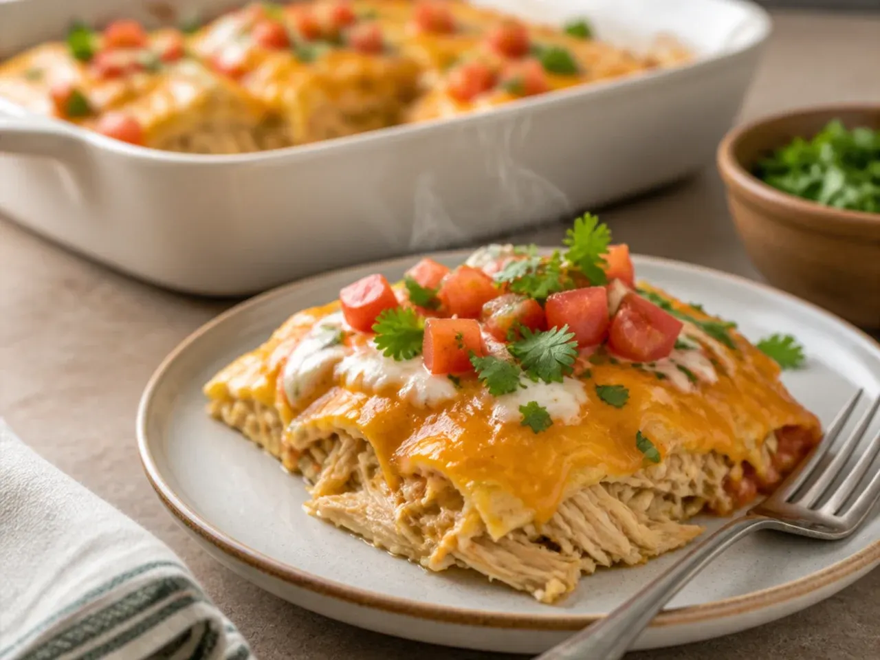 Plated portion of sour cream chicken enchilada casserole served with rice, avocado and lime
