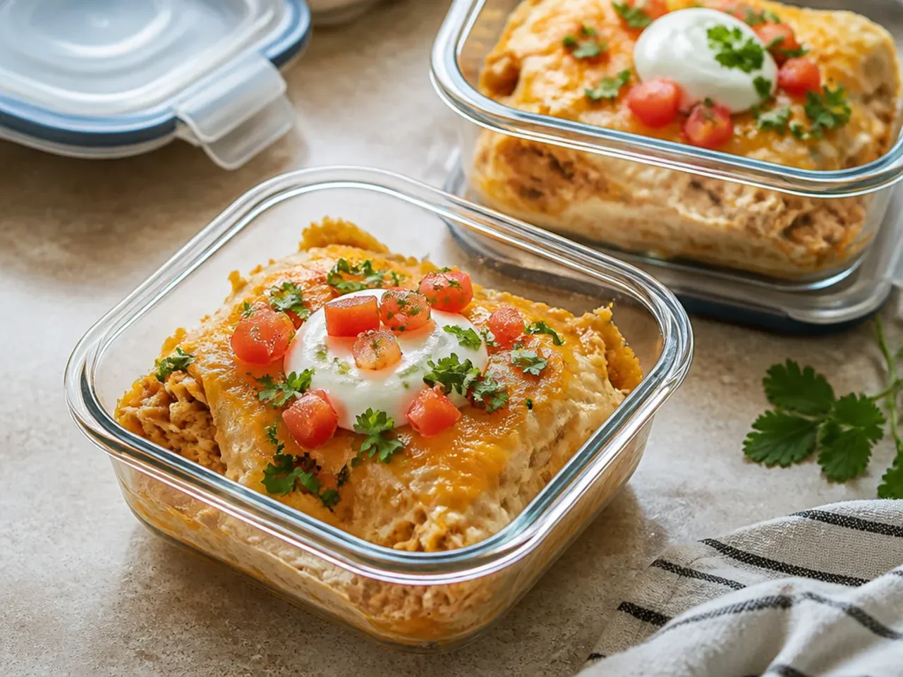 Sour cream chicken enchilada casserole leftovers stored in an airtight container in the fridge