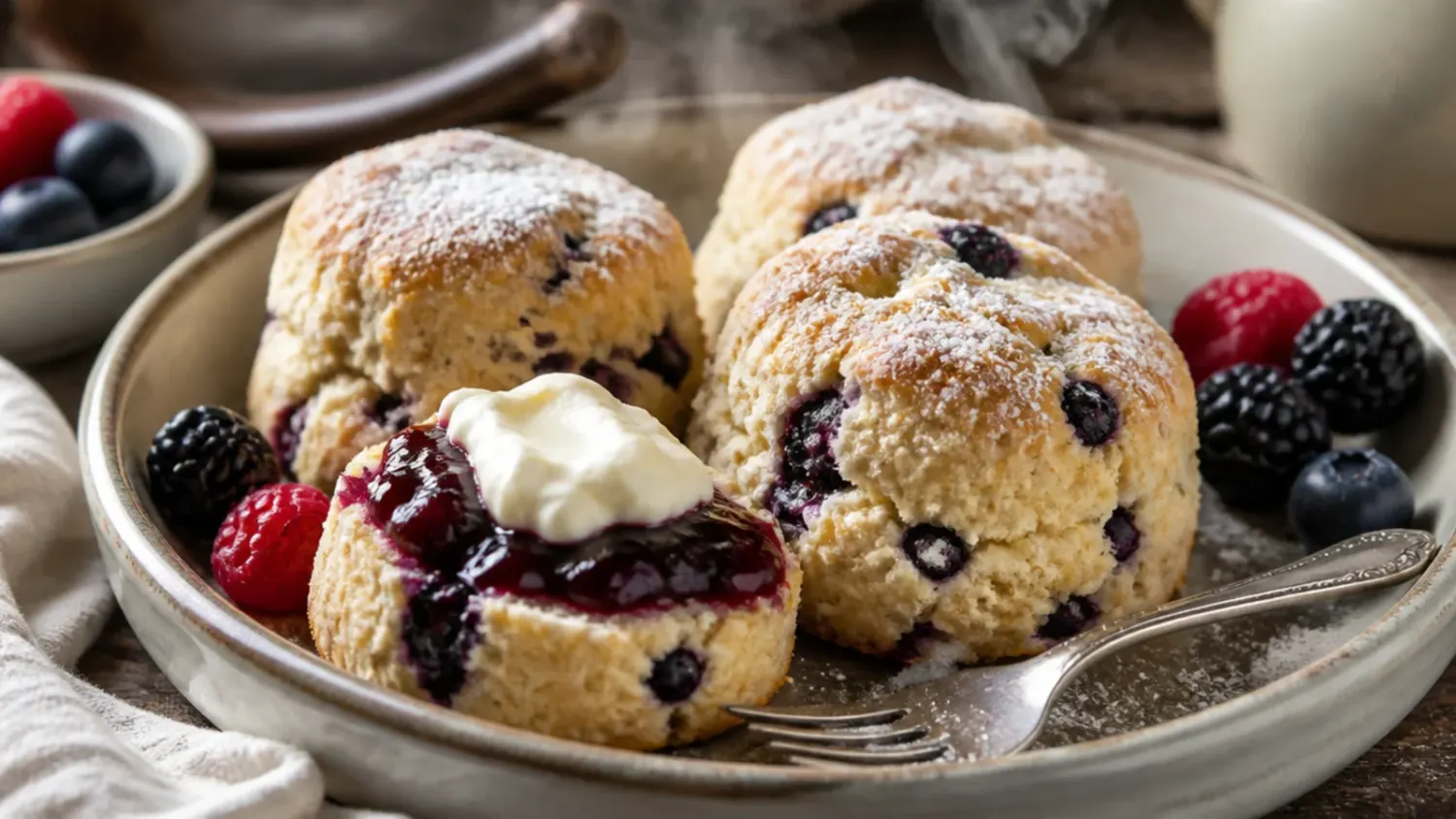 A tray of golden sourdough discard scones with shiny egg-washed tops, one broken open to show a tender, flaky crumb