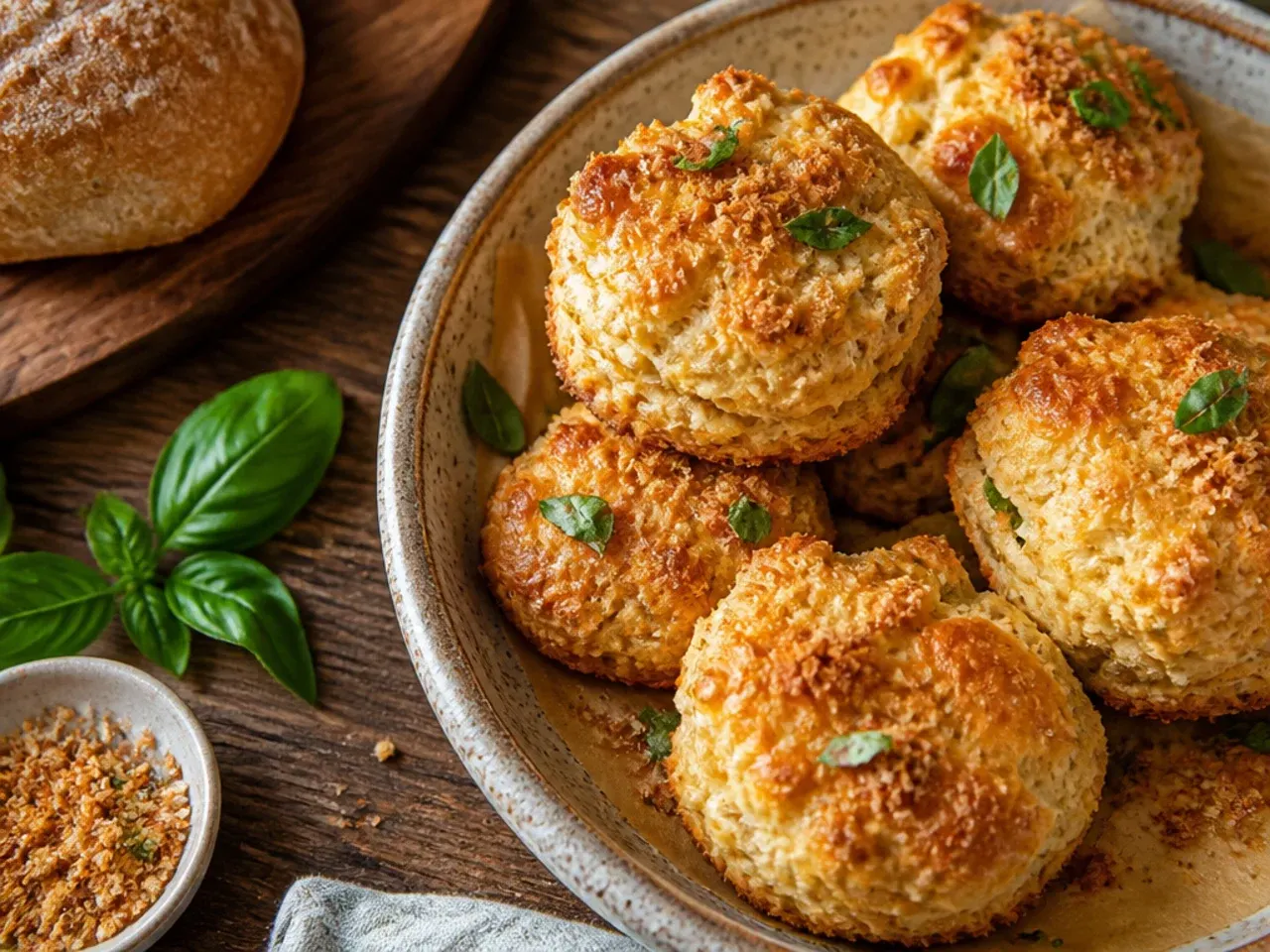 Baked sourdough discard scones wrapped and stored in an airtight container