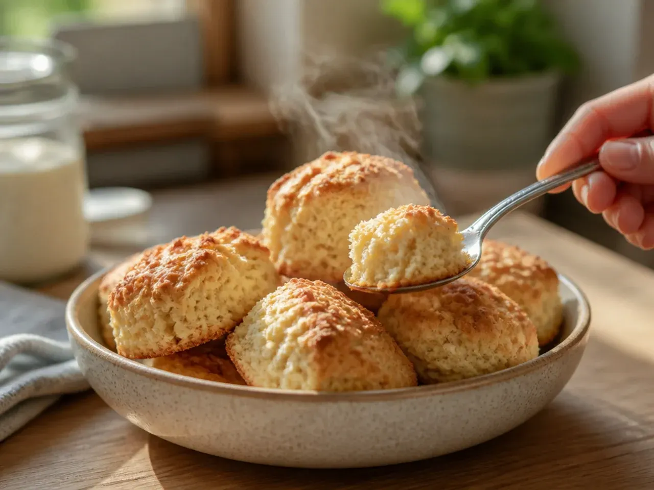 A basket of golden sourdough discard scones served with jam and clotted cream