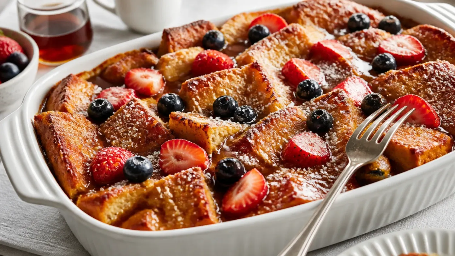 Golden baked sourdough French toast casserole in a white dish, topped with cinnamon and a drizzle of maple syrup