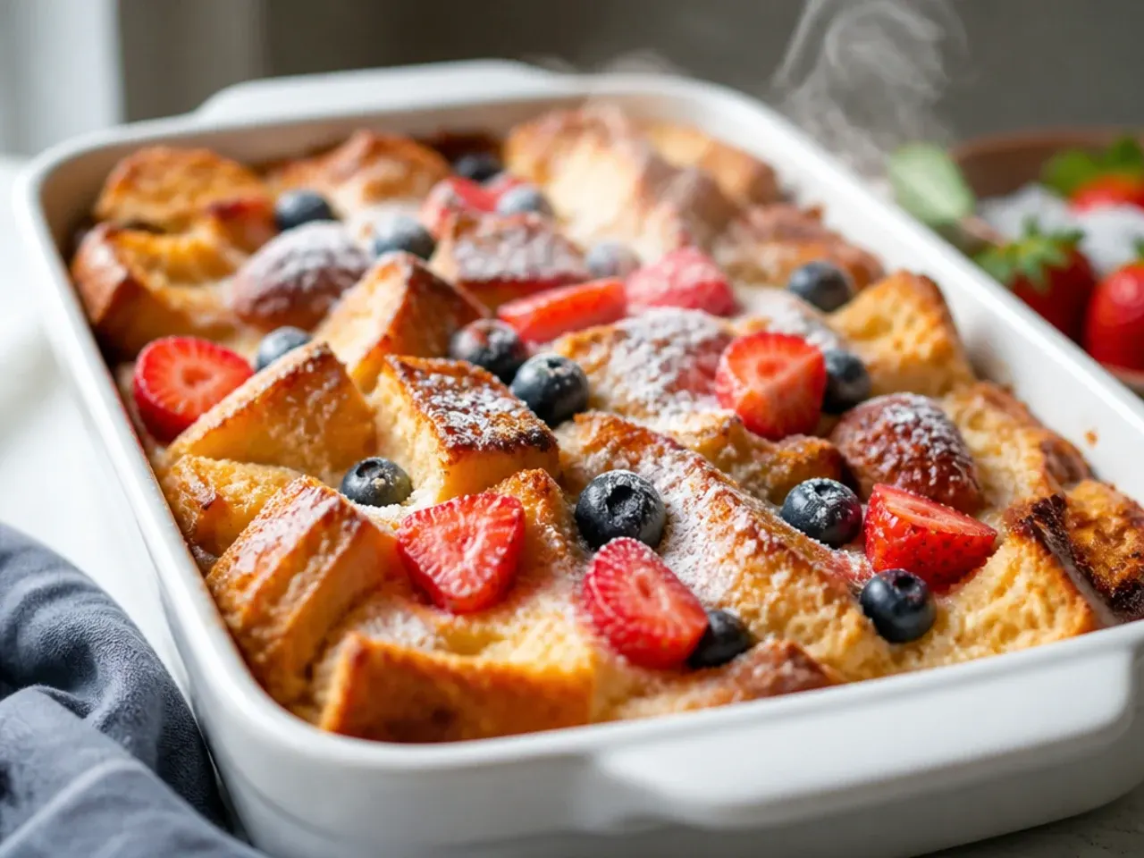 Overhead shot of sourdough cubes soaking in egg custard in a baking dish