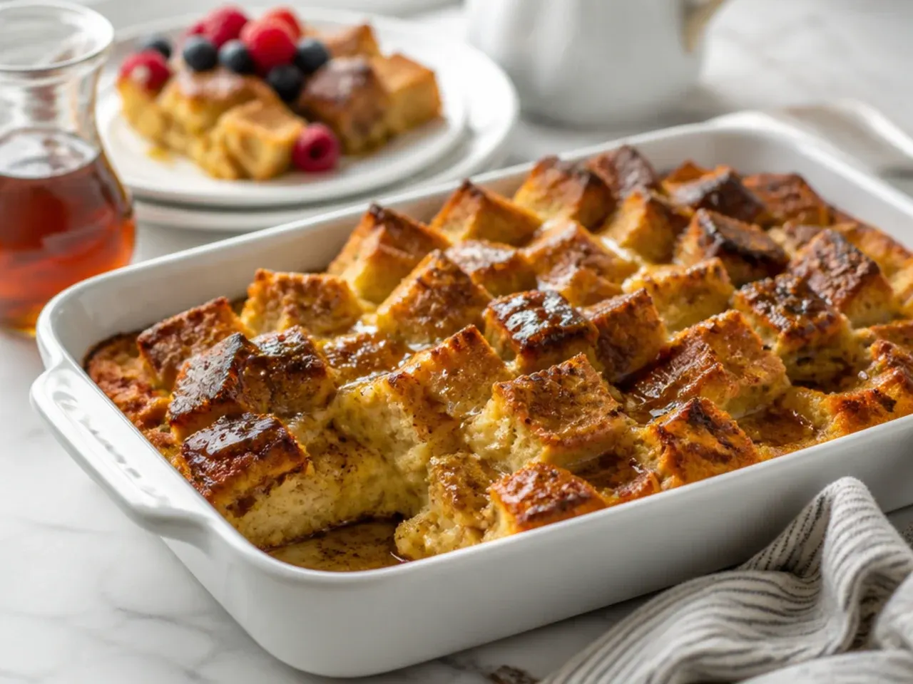 Simple sourdough French toast casserole with minimal topping fresh from the oven