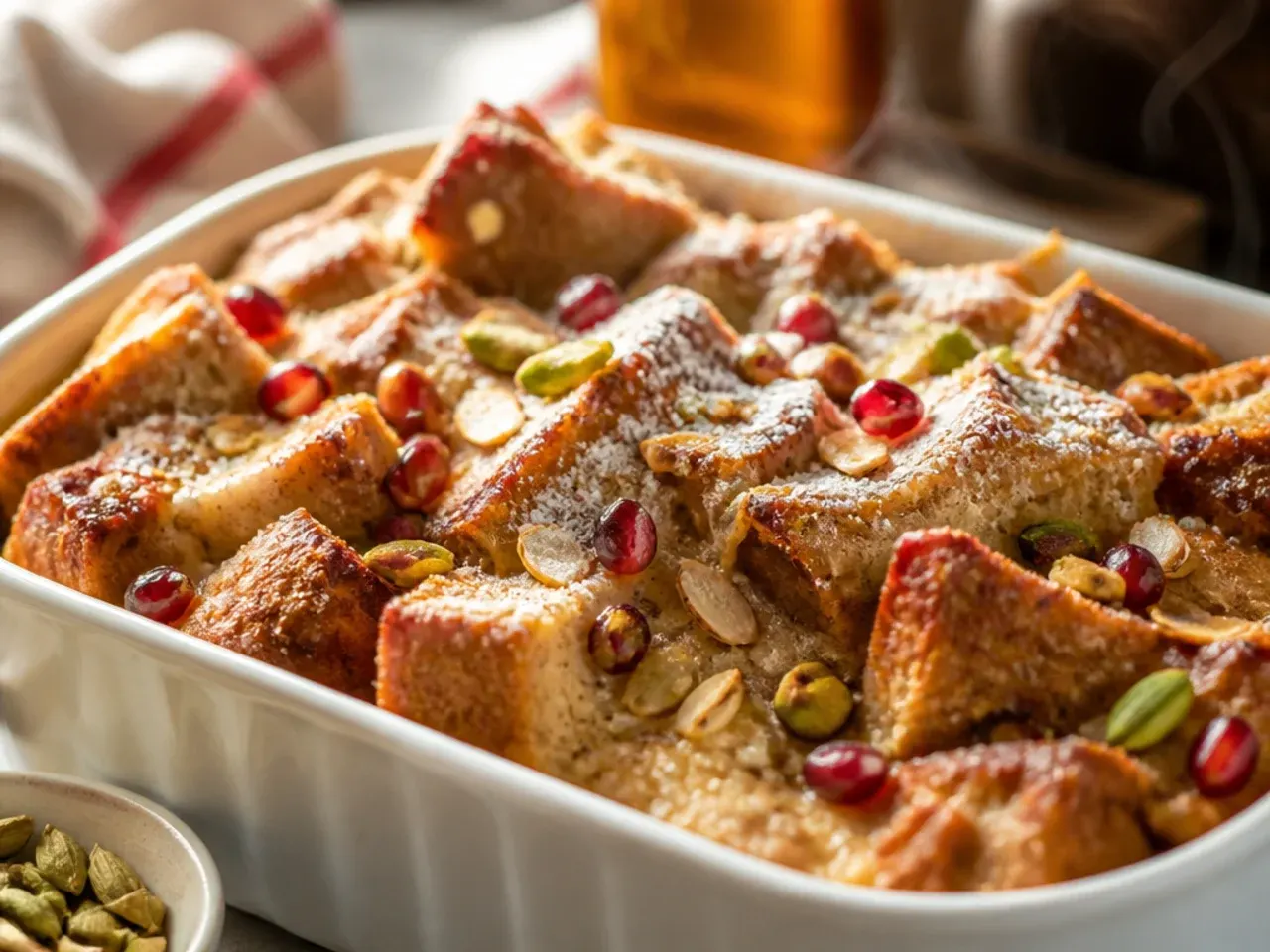Chai-spiced sourdough French toast casserole with a dusting of cinnamon