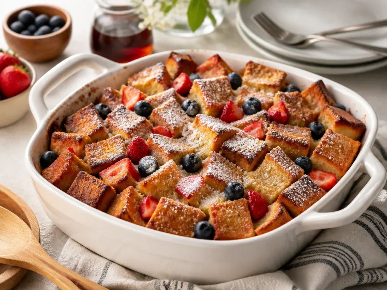 Baking dish of overnight sourdough French toast casserole covered with foil before baking